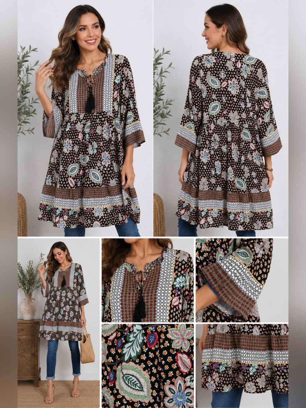 GiGio USA Boho Floral Tunic Dress Women's M Tassel Tie 3/4 Bell Sleeve Rayon.